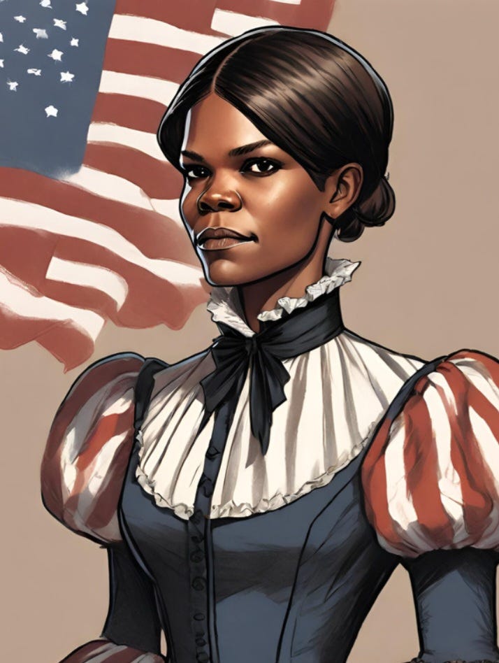 An AI portrait, in the style of character concept art, of Candace Owens. She’s wearing an old-fashioned, high collar dress with puff sleeves. The dress has the colours and stripes of the American flag and an American flag waves in the background behind her.