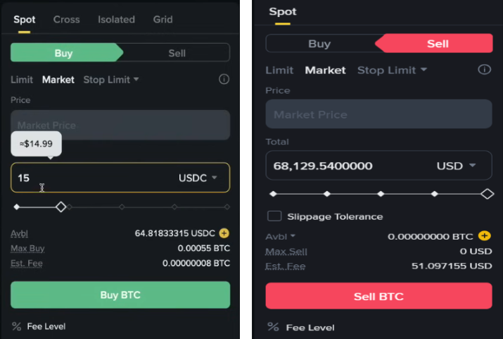 Spot Market Trading Buy and Sell Interface