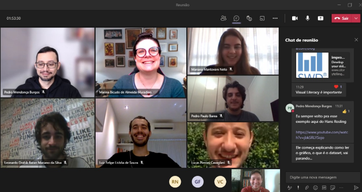 Foto de uma videoconferência via Microsoft Teams, com imagem dos participantes sorrindo.