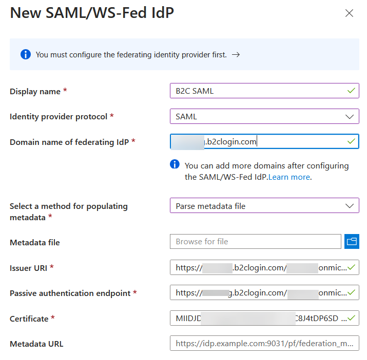 Image showing the B2C SAML configuration screen based on importig the metadata