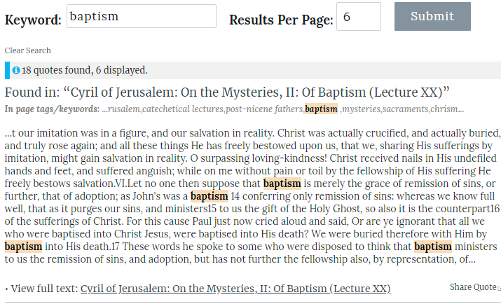 Screenshot of an example quote search for the word “baptism”