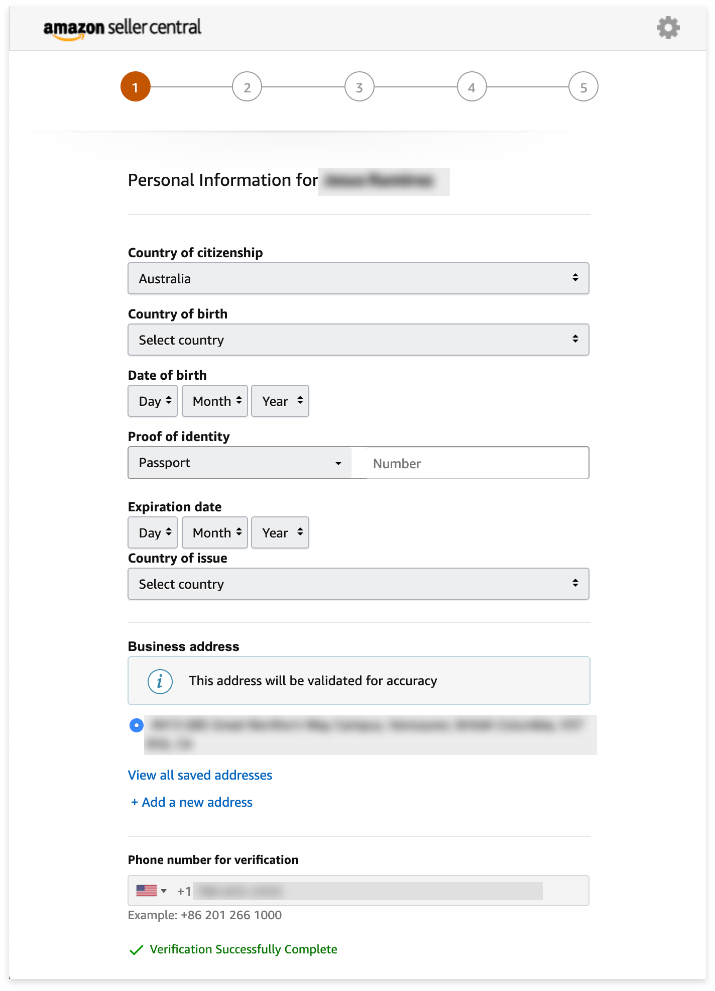 A screenshot of Step 1 to register for Amazon seller program