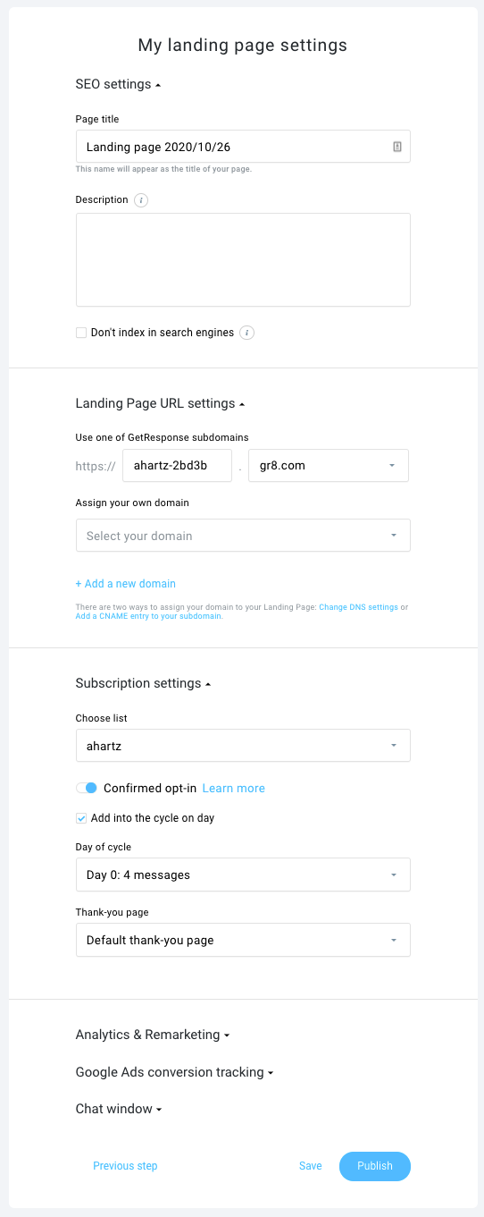 GetResponse Landing Page Setting