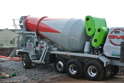 PHOTO COURTESY OF TIM KETAVONGSA     Delaware Valley Concrete recently introduced two cement mixers than run on compressed natural gas instead of diesel fuel. 