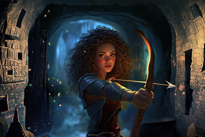 A female archer in a stone tunnel.