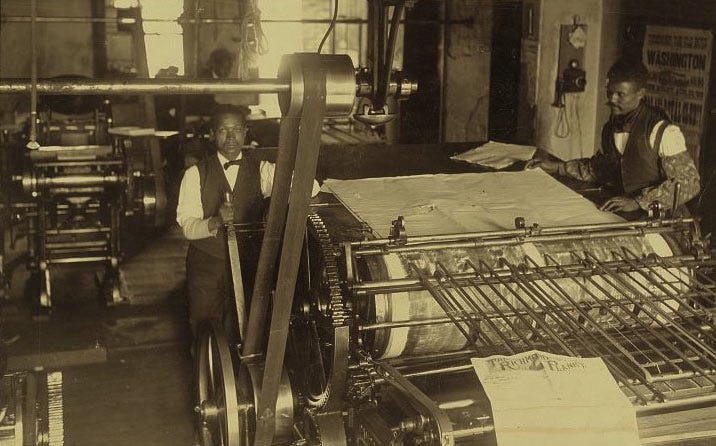 Press room with two press workers at the Richmond Planet newspaper, Richmond, Virginia, 1899.