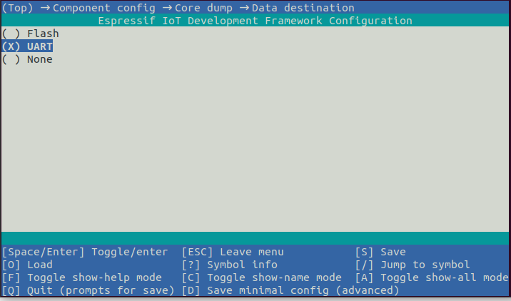 Screenshot of core dump data destination config of ESP-IDF