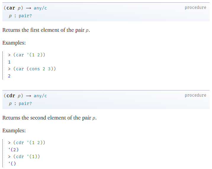 Documentação do Racket mostrando o que são as funções “car” e “cdr”.