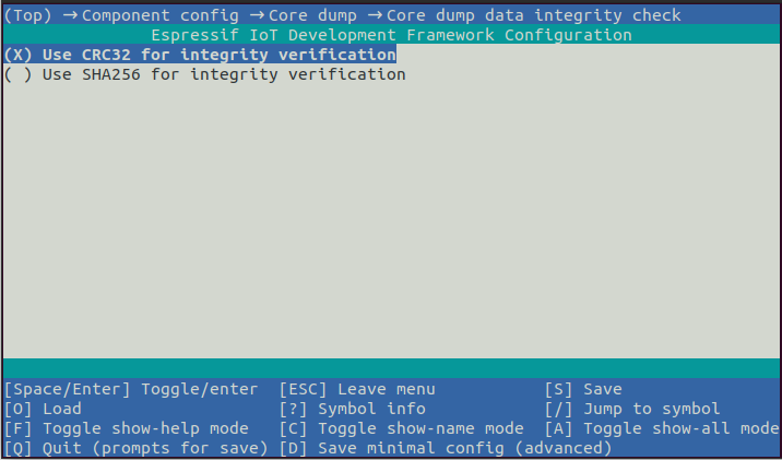 Screen shot of core dump data integrity check options for ESP-IDF config