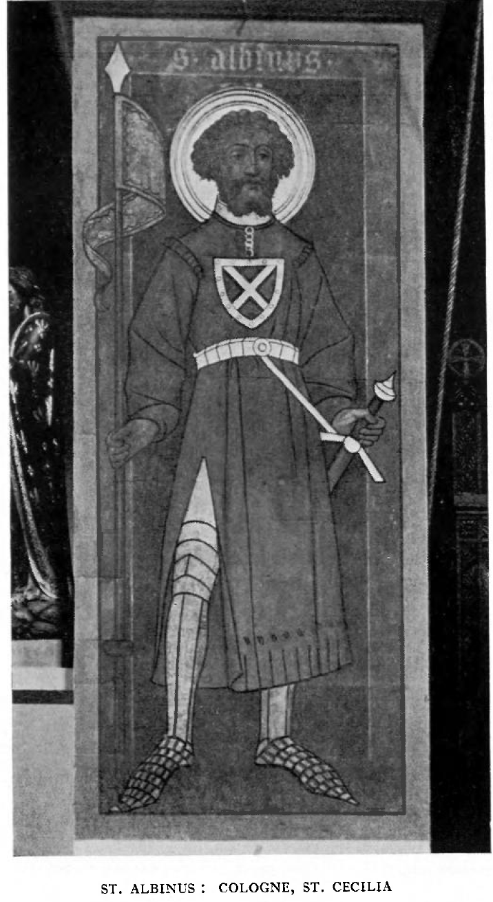 This shows Saint Alban as depicted in the church of St Cecilia in Cologne. He holds a sword at his side.