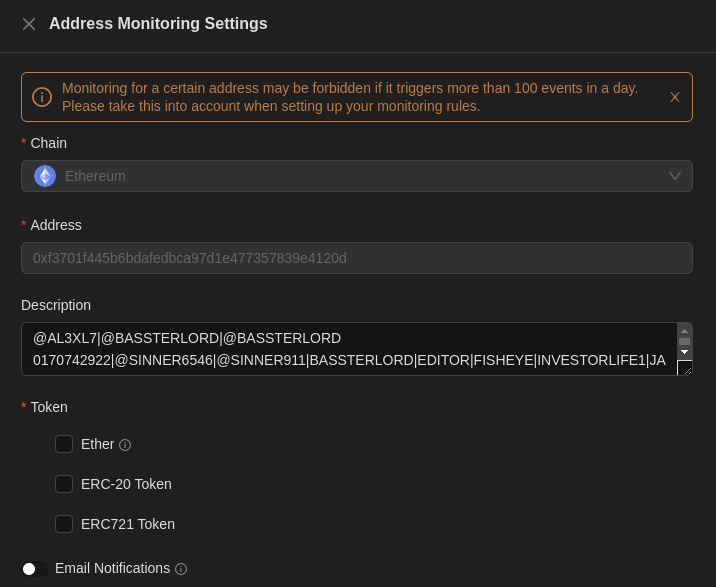 Screenshot of the Address Monitoring Settings interface for Ethereum on a cryptocurrency monitoring platform.