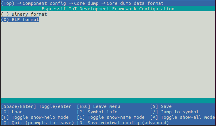 Screen shot of core dump data format config of ESP-IDF