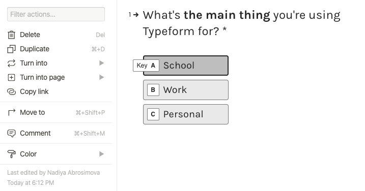 Notion and Typeform screenshots with keyboard options