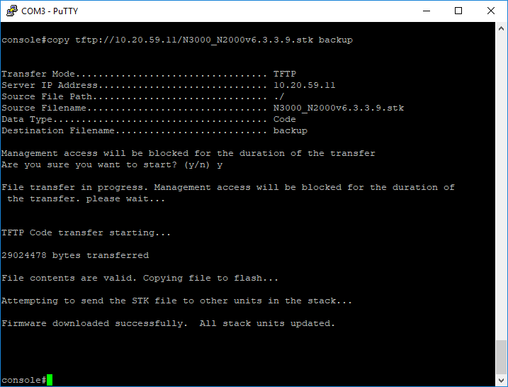 # copy tftp://<IP Address ของ TFTP Server /<ชื่อ Folder ที่เก็บไฟล์ Firmware ของ Switch>/<ชื่อไฟล์ Firmware Switch> backup