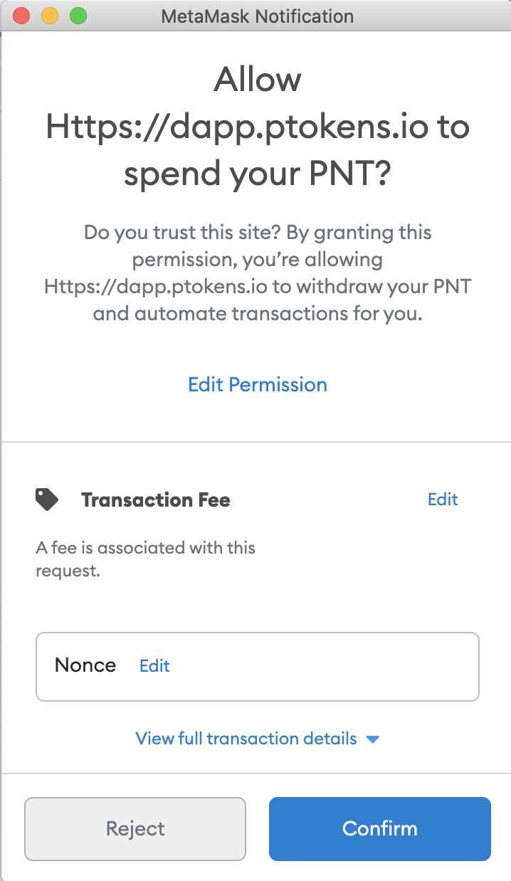 pTokens dApp — Metamask connection notification