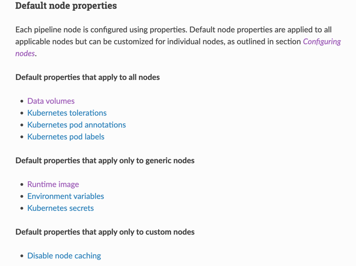 An excerpt from the pipeline documentation, listing supported default node properties