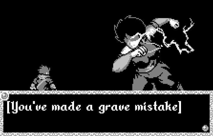 Screenshot from the game Void Stranger of a large character about to strike down a small character. The text reads “You’ve made a grave mistake”