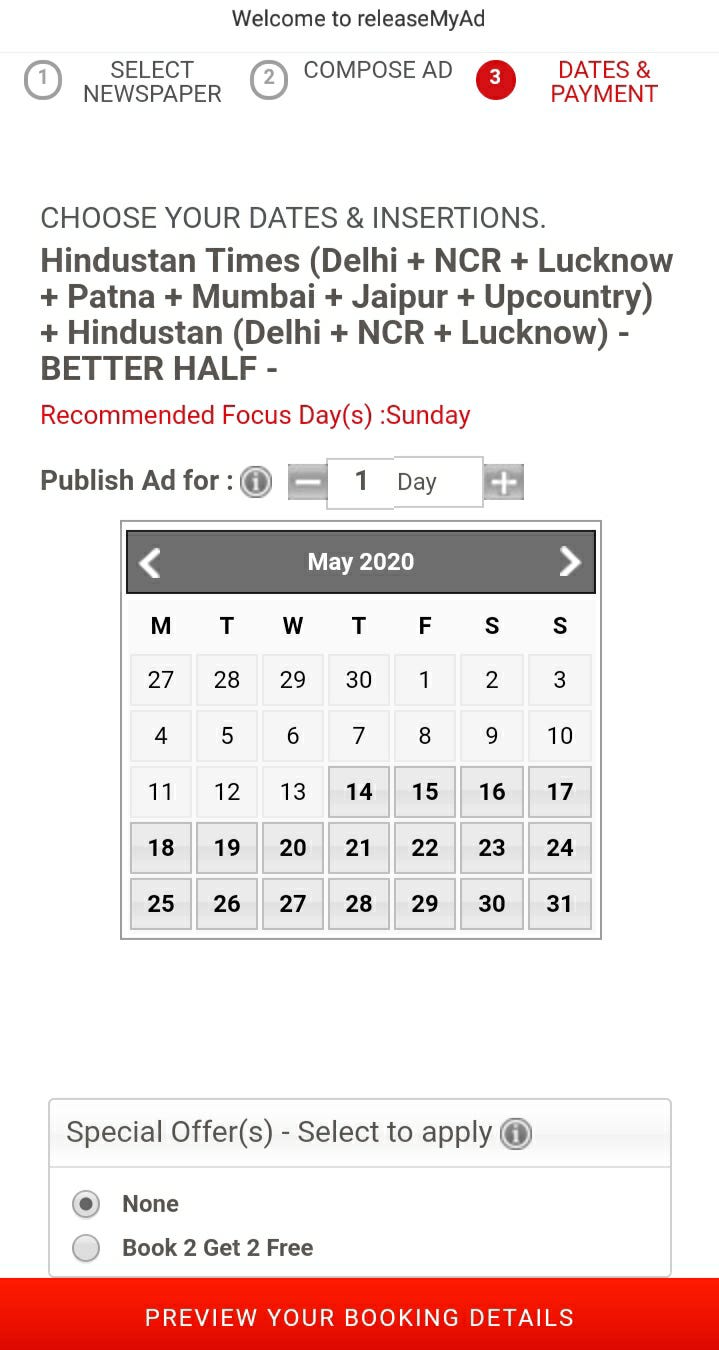 set release date of your ad on newspaper