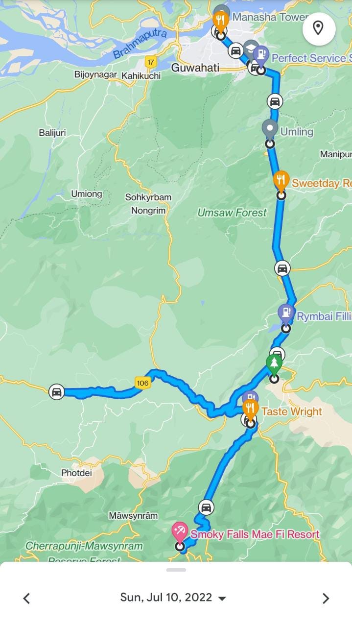 Map view of the route to Sohra, Cherrapunji with a detour towards West Khasi Hills, Meghalaya