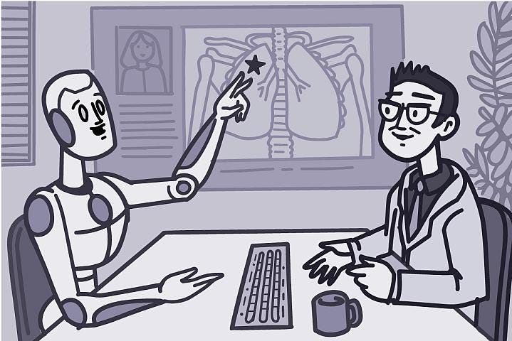 Robot and man discussing some important facts