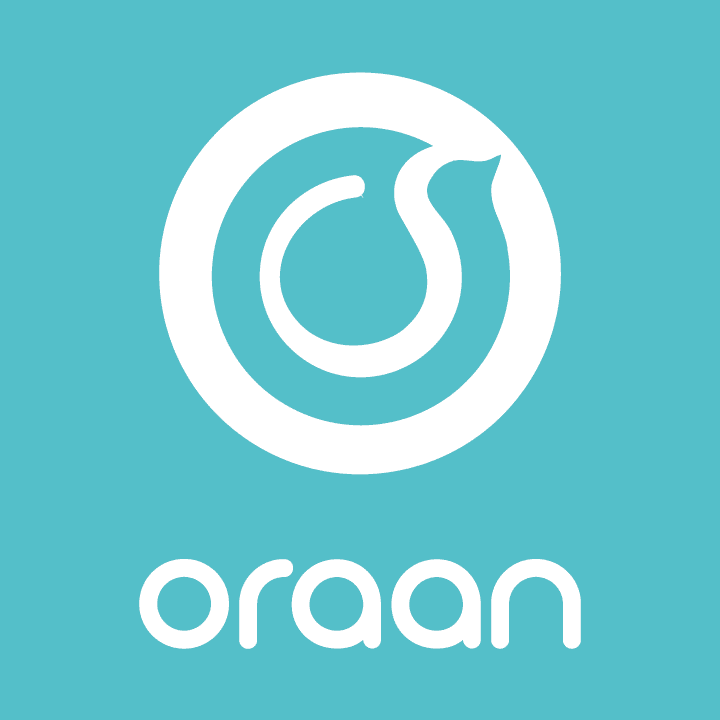 Oraan logo. An abstract, circular graphic with a bird head in profile in white against a light sea blue background; followed by the text ‘oraan’ in white at the bottom.