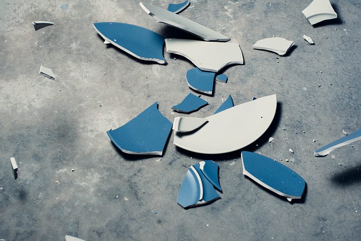 Shattered blue plate on floor.