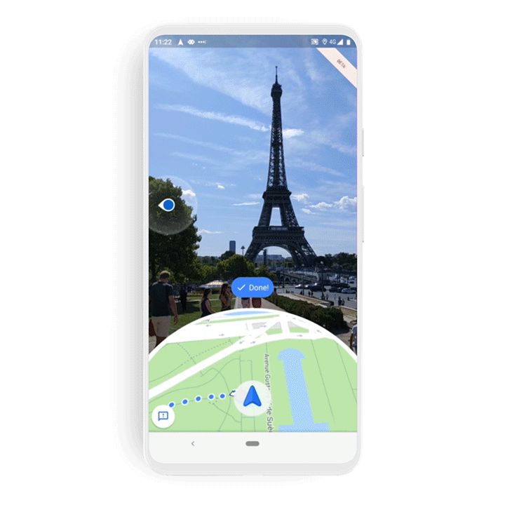 An image showing the Live View experience in Google Maps near the Eiffel Tower in Paris, France