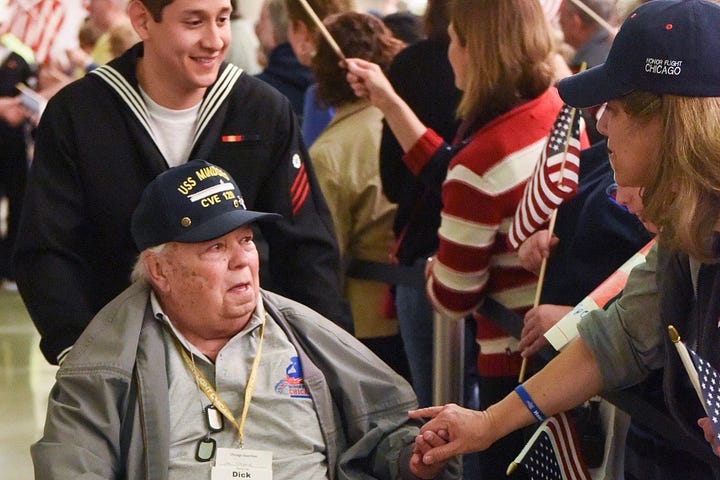 One member of The Greatest Generation returning from an Honor Flight to Washington, DC. 