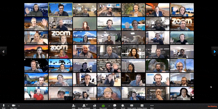 Zoom’s user interface consisting of a grid of faces waving at each other