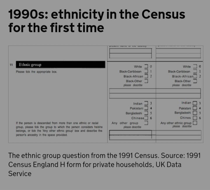 A screenshot of the ethnicity section of the 1991 Census form. The available categories are White, Black African, Black Caribbean, Black Other, Indian, Pakistan Chinese, Bangladeshi and Other.