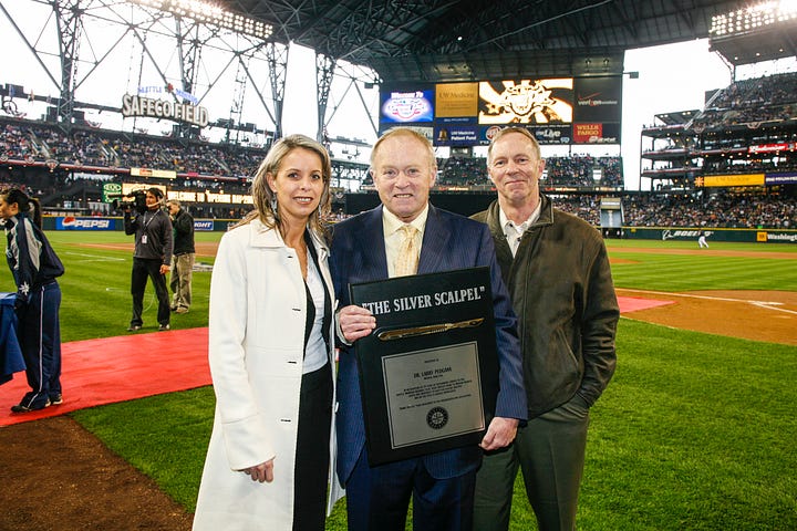 Dr. Larry Pedegana, who was the Mariners team physician from 1977-2006, was presented with a “Silver Scalpel” award on Opening Day 2006.
