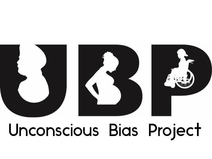 Unconscious Bias Project . Each letter in “UBP” has an image within the letter: U=turban B=pregnant woman P=wheelchair user