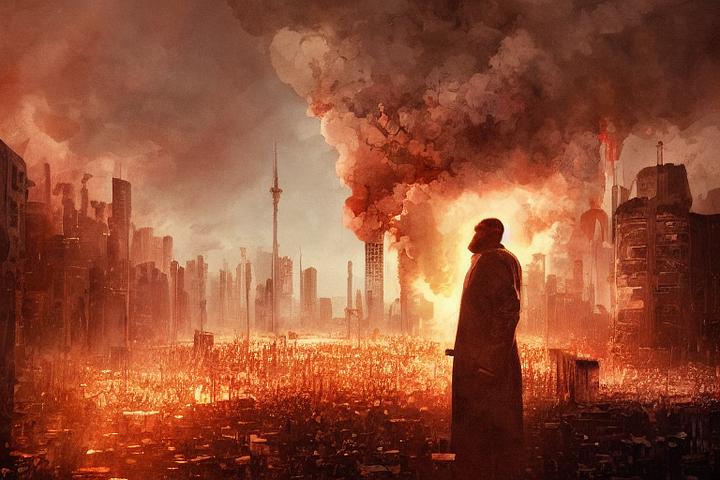 A figure stands looking at a smoky and burning city scape.