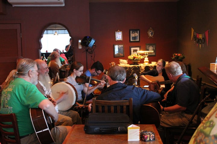 JACK FIRNENO / WIRE PHOTOS   The River Drivers play a session in the main room of the Kelch House in Bristol Borough on Tuesday night. The group comprises five local residents but as the session goes on, more musicians join. “It’s very communal. That’s part of how Irish music works. You bring people in, and all levels are welcome,” explained Meagan Ratini. 