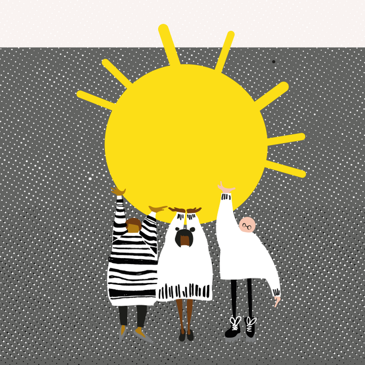 An illustration of three people holding up a bright yellow sun