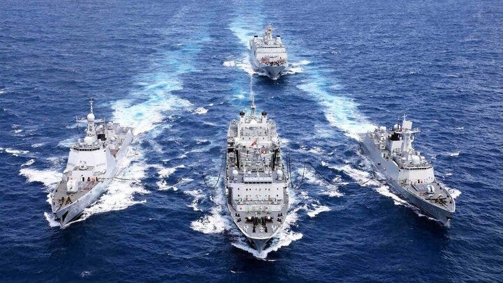 Naval ships in joint exercise by Iran, Russia, and China.