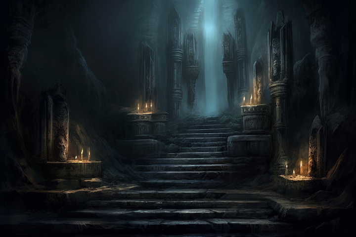 Stone steps, spooky and torchlit