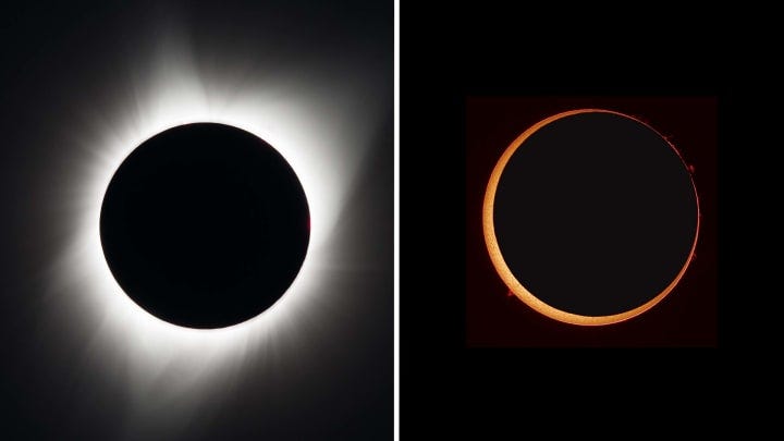 A hybrid solar eclipse is a combo of a total eclipse (left) and an annular eclipse (right).