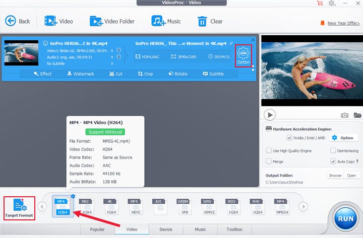 Choose MP4 H.264 as Target Format in VideoProc Converter AI