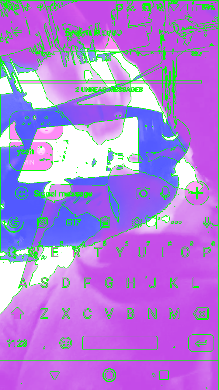 Images from an iPhone are layered on top of each other in purple, neon green, blue, and white.