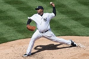 CC Sabathia delivering a pitch. 