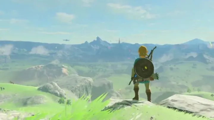 Screenshot of Zelda with a shot of Link from behind overlooking a wide and colorful vista.