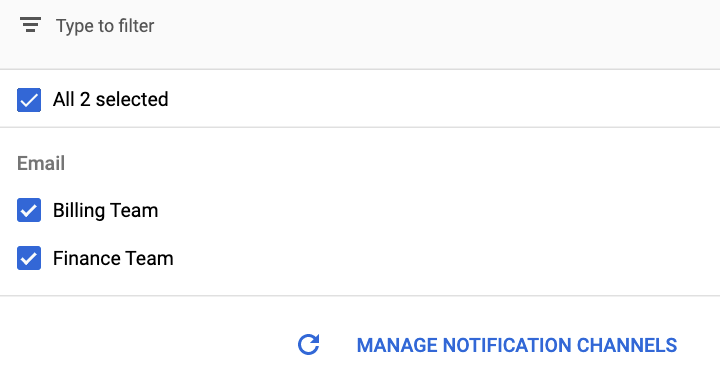 Captura de pantalla de la consola de Google Cloud que muestra casillas de verificación junto a los canales de correo electrónico