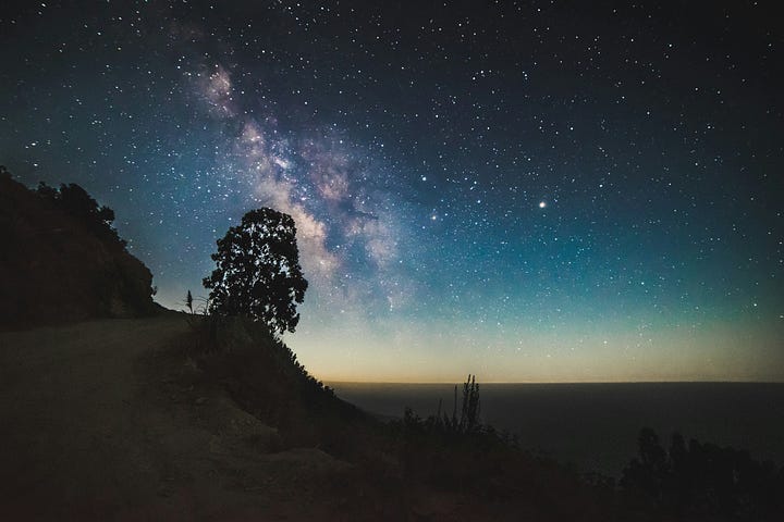 A starry night beyond a silhouette of a person and a tree on a hillside.