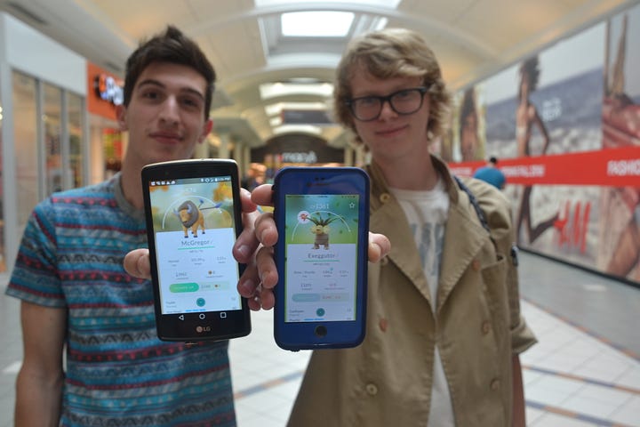 1.From left to right, Nick Barnes of Edgewater Park and Andrew Kershes of Mt. Laurel show off their Pokémon while playing PokémonGo at the Moorestown Mall on Monday, July 18. 