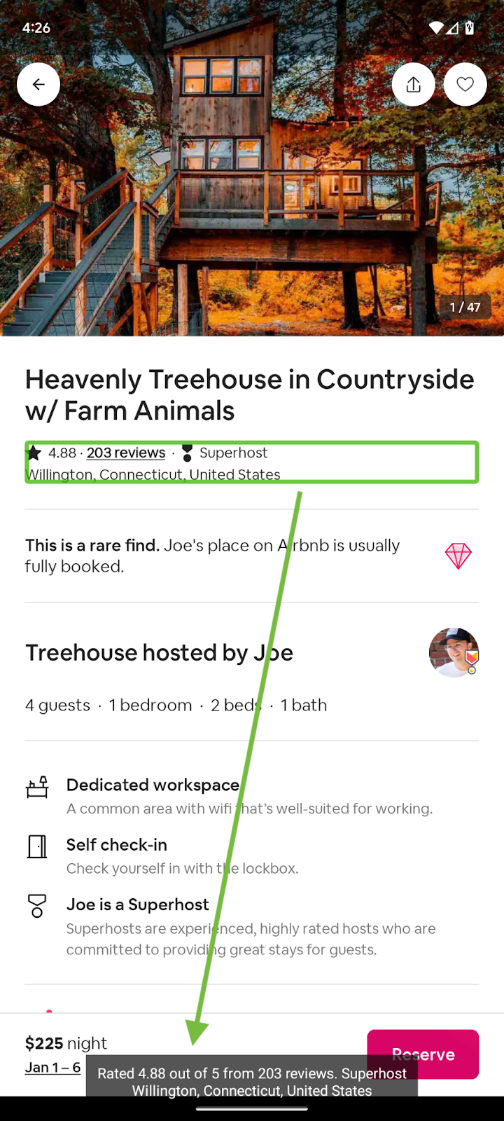 Row highlighted with a star icon, bolded and underlined text, another icon with text, and subtitle text on a listing page. TalkBack output omits content for the icons and says ‘Rated 4.88 out of 5 from 203 reviews. Superhost Willington, Connecticut, United States’.