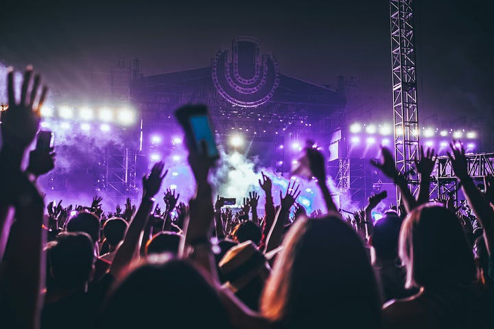 Crowd at a concert faces stages, arms in the air, purple stage background