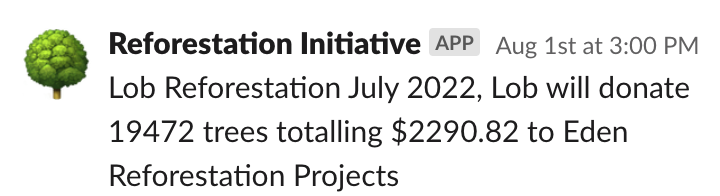 sample Slack message noting the monthly donation to Reforestation